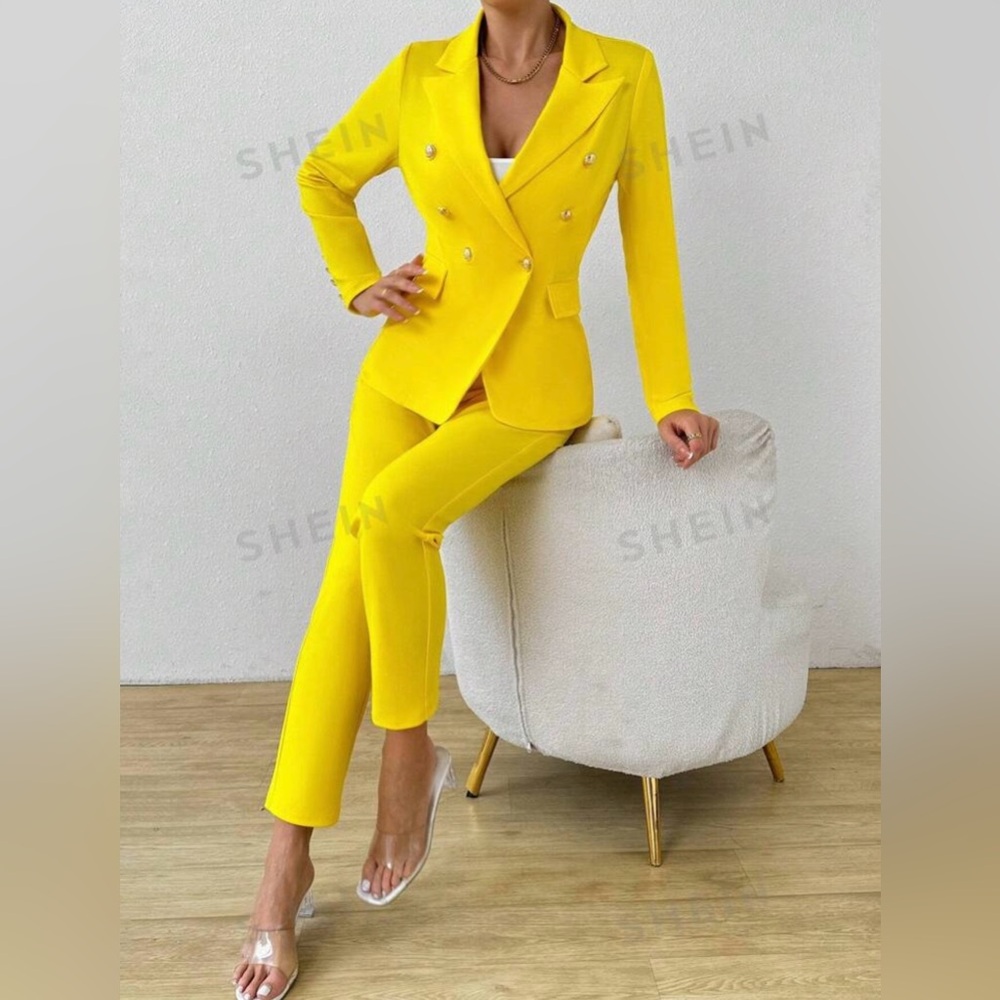 Women's Solid Color Double Breasted Long Sleeve Suit Jacket And Pants. - Picture 2 of 7